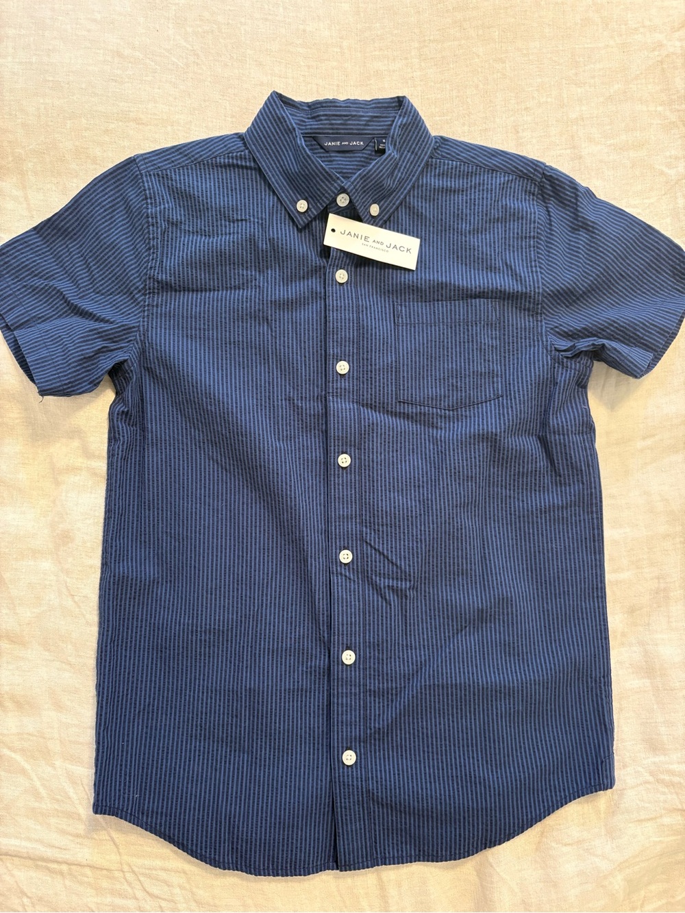 NWOT Janie and Jack Boys Size 16 Blue Striped Short Sleeve Button-Down Shirt